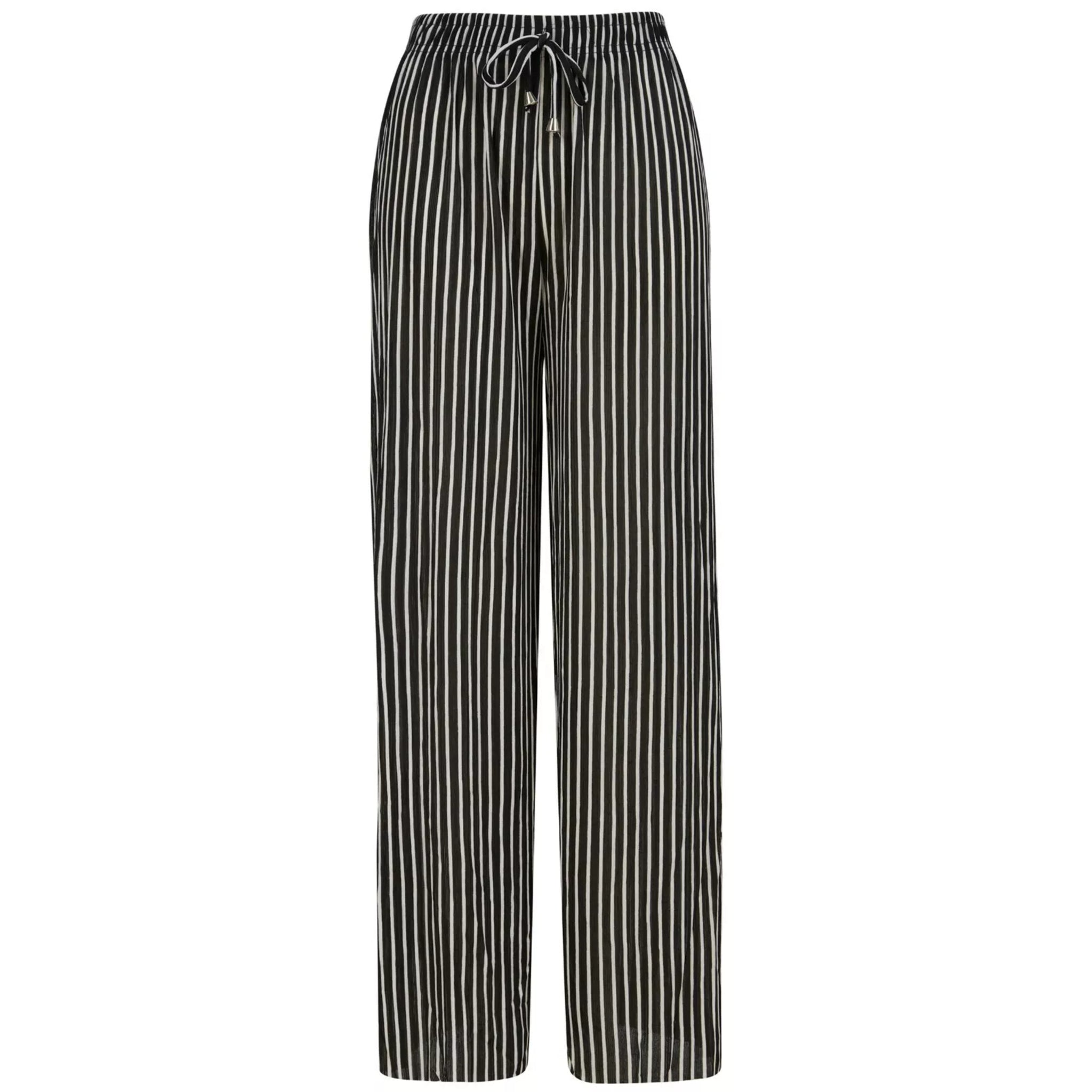 Ladies black and white vertical stripe comfort fit palazzo trousers with drawstring waist